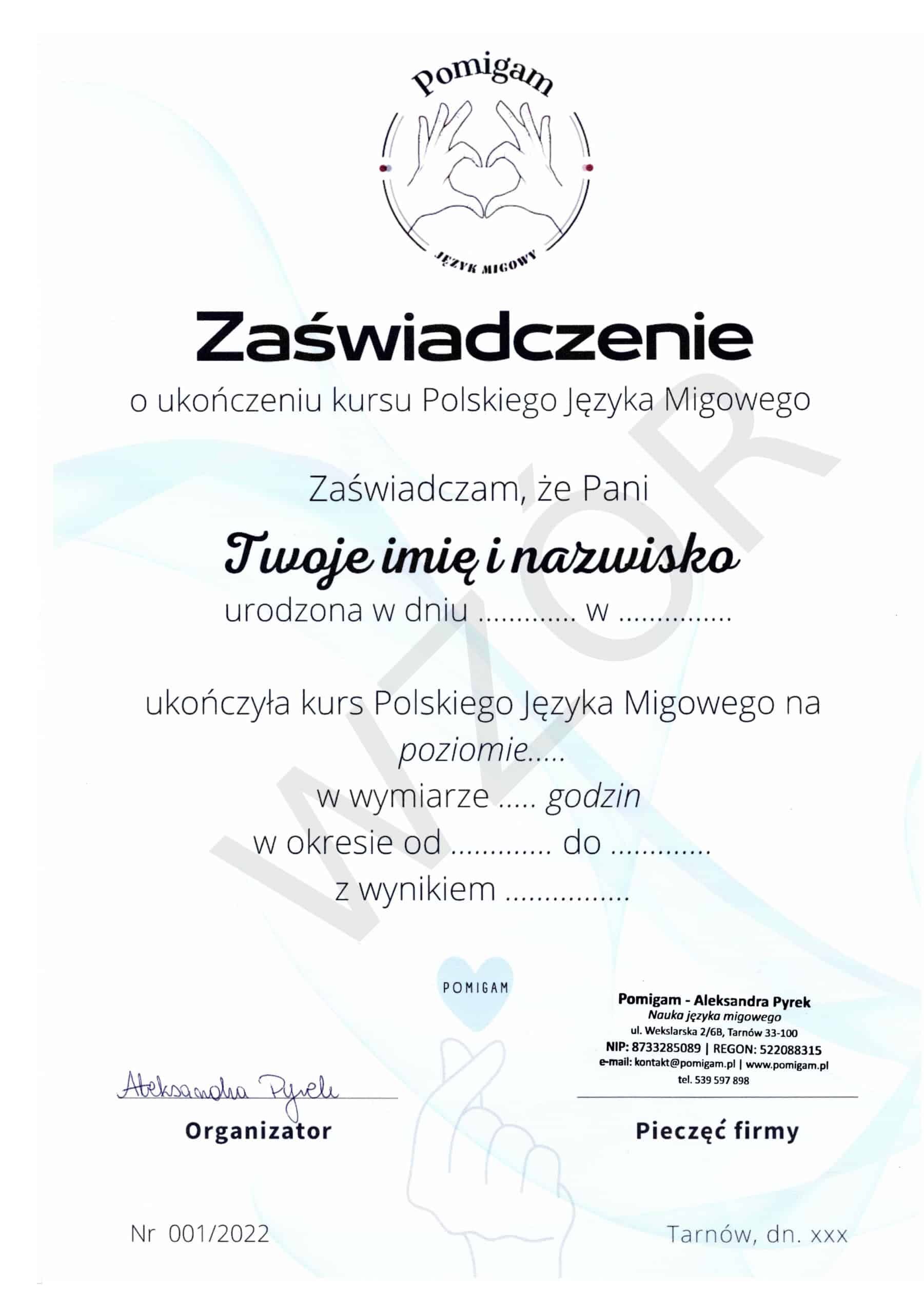 Certyfikat języka migowego Pomigam