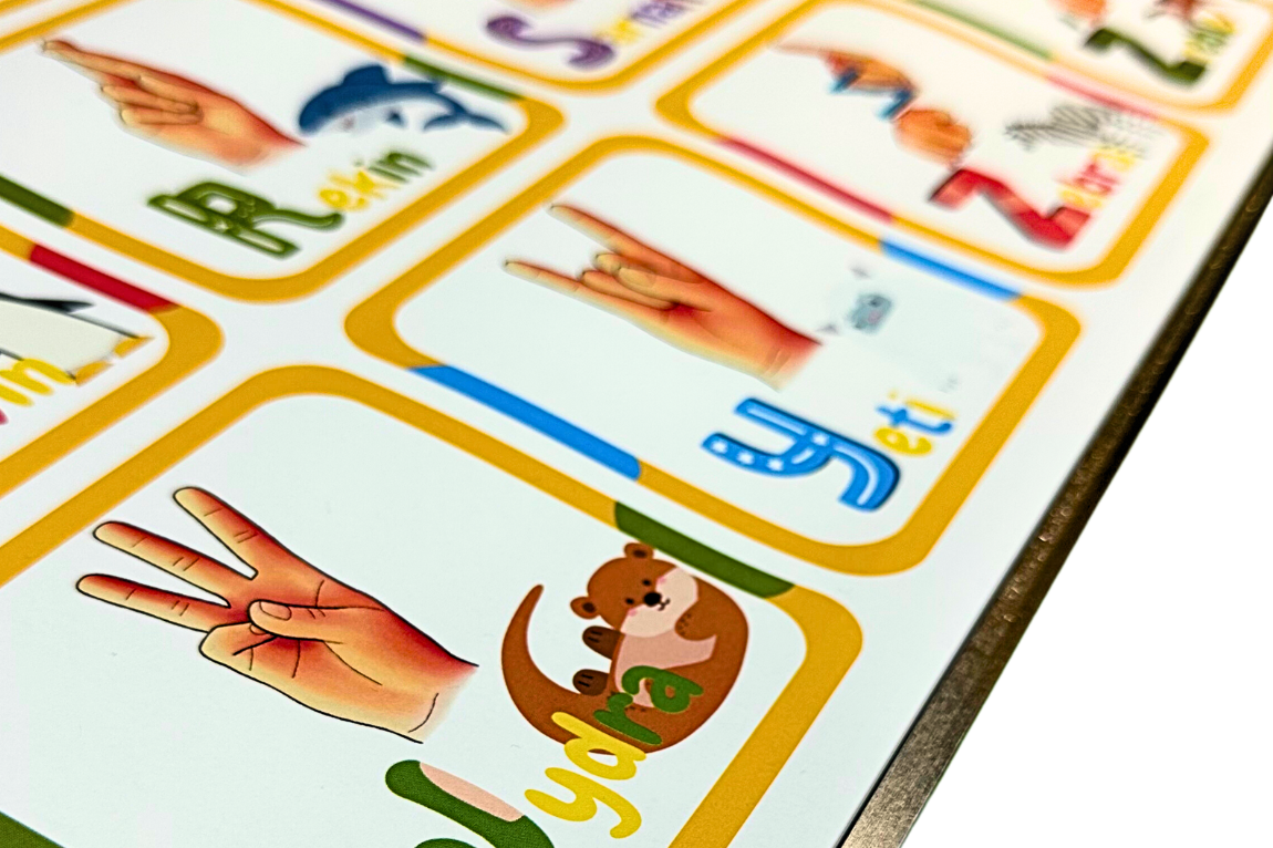 Plakat do nauki alfabetu języka migowego z bliska